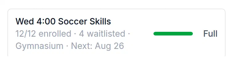 SwiftEnroll capacity meter showing a class at 12 of 12 enrolled with 4 waitlisted, marked Full