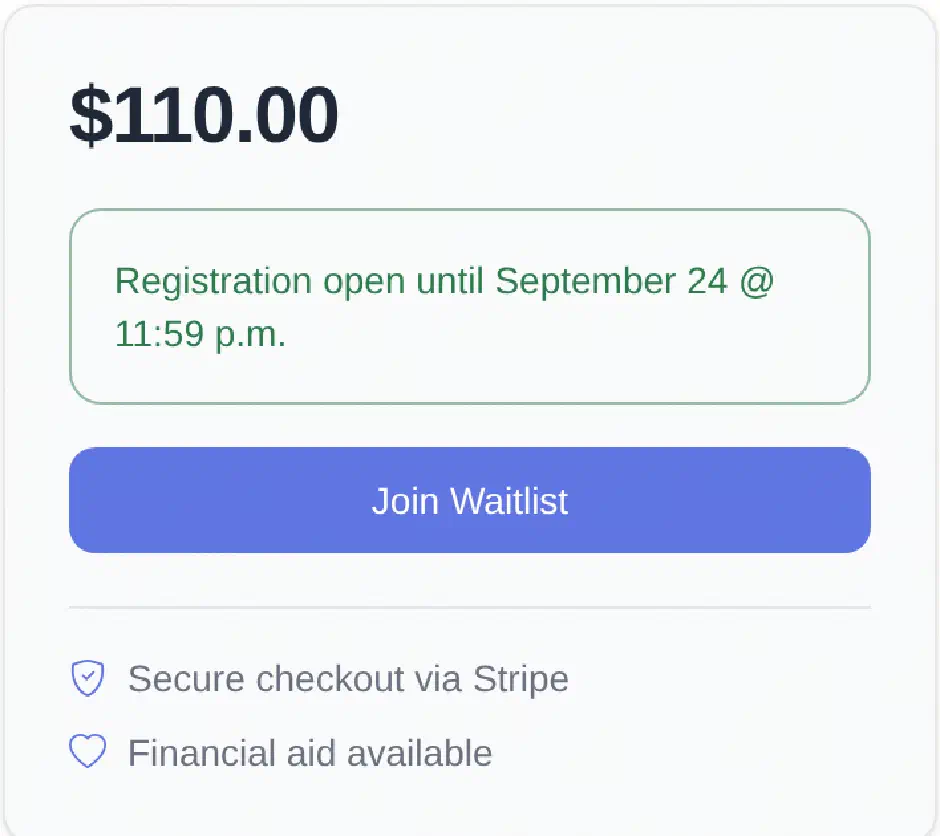 SwiftEnroll class registration panel showing the price, the registration deadline, a Join Waitlist button, and notes on secure Stripe checkout and financial aid