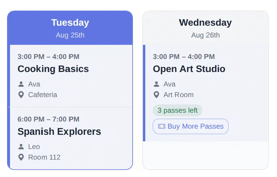 SwiftEnroll family schedule showing Tuesday and Wednesday columns with class times, rooms, instructors, and a class pass balance
